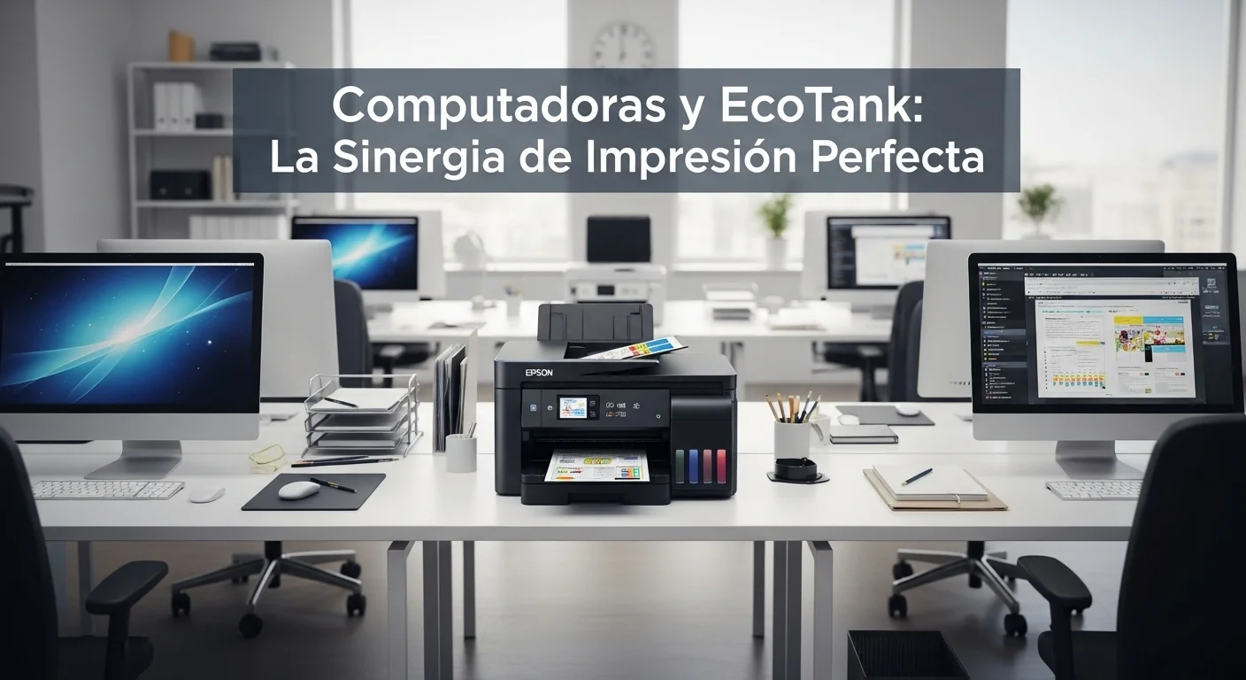 Un moderno entorno de oficina con varias computadoras y una impresora Epson EcoTank L6270 en una mesa, mostrando un flujo de trabajo eficiente.