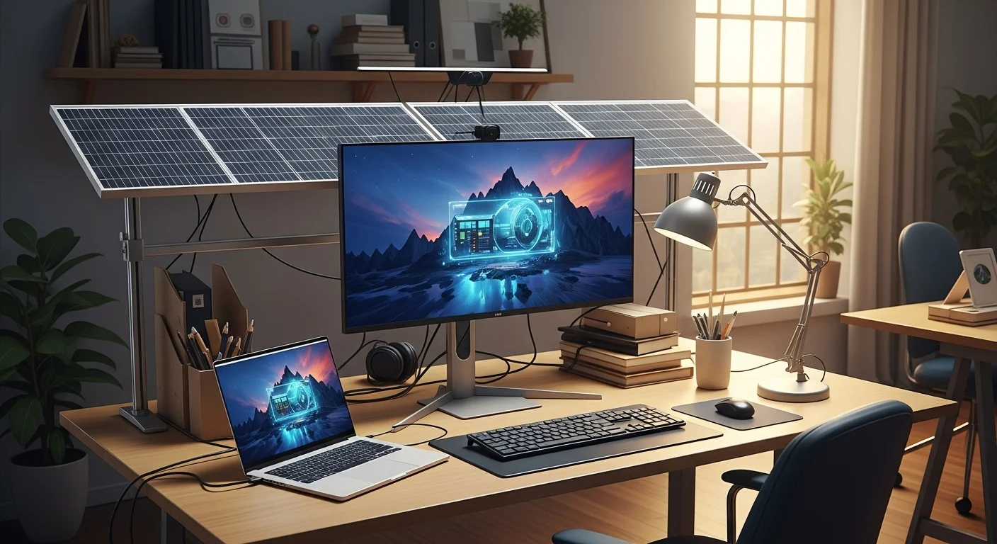 Estación de trabajo con una laptop y un monitor alimentada por un sistema de paneles solares en un entorno luminoso.