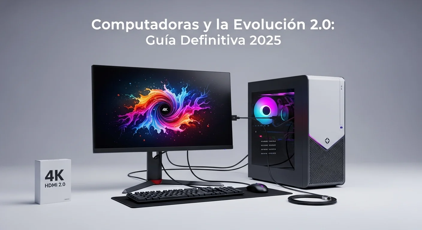 Una configuración moderna de computadoras con un monitor 4K mostrando gráficos vibrantes, conectado con un cable HDMI 2.0, simbolizando la evolución tecnológica 2.0.