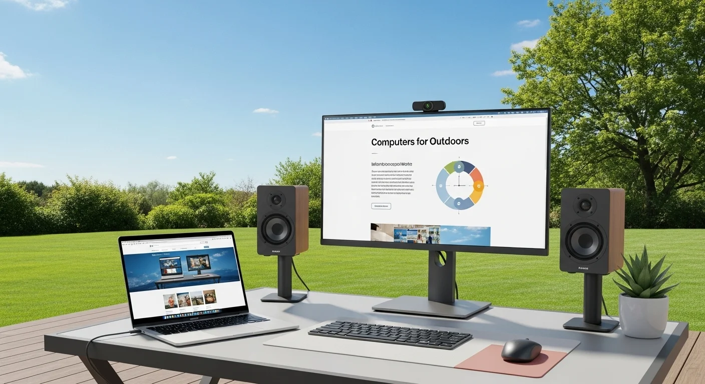 Setup de computadoras y tecnología en una terraza para trabajar al aire libre, con laptop, monitor y bocinas.
