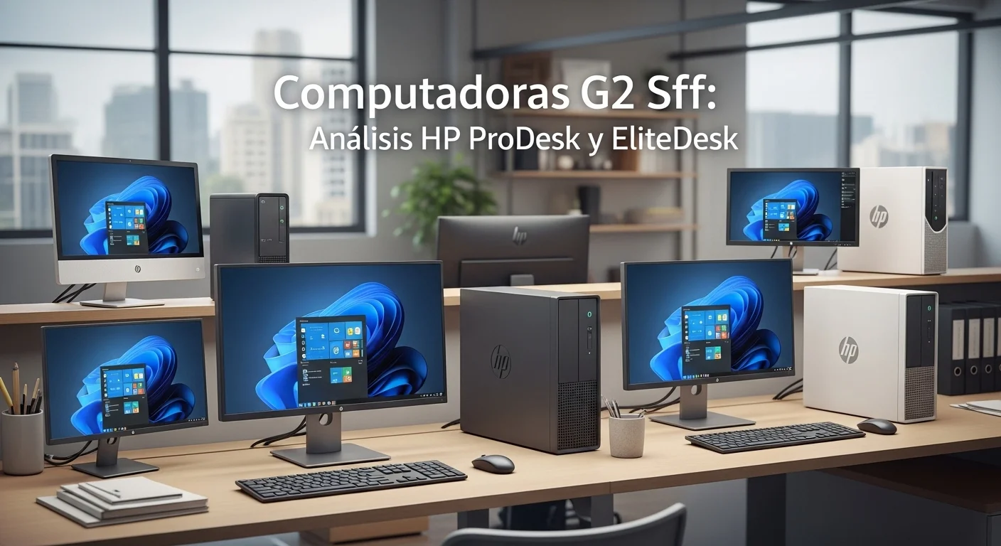 Varias computadoras HP G2 SFF de las series ProDesk y EliteDesk mostradas en un entorno de oficina limpio y moderno.