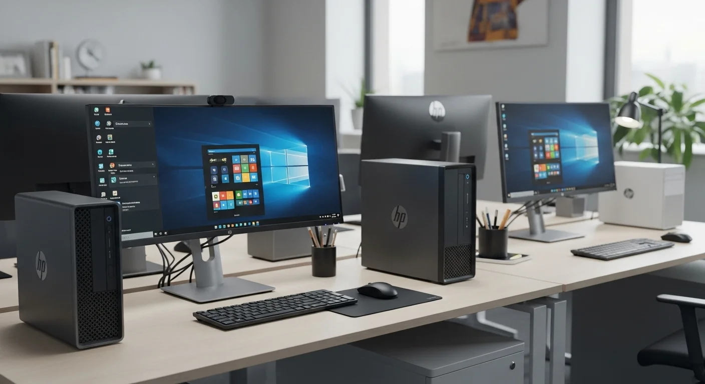 Varias computadoras HP G3 SFF de distintos modelos como EliteDesk y ProDesk en un entorno de oficina moderno.