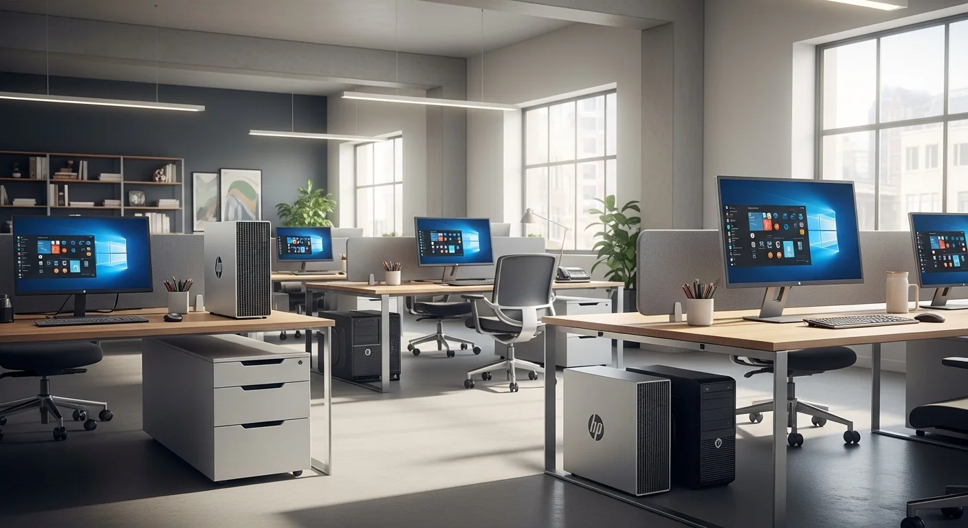Varias computadoras HP G5 SFF, incluyendo el ProDesk y el EliteDesk, en un entorno de oficina moderno y limpio