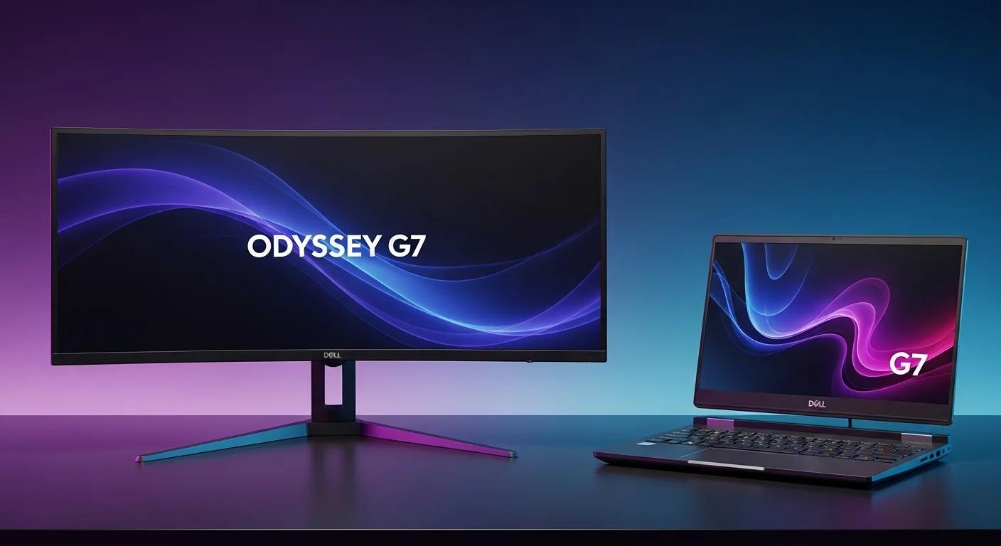 Una configuración de computadora G7 de alta gama con un monitor curvo Odyssey G7 y una laptop Dell G7 en un escritorio iluminado con luces RGB.