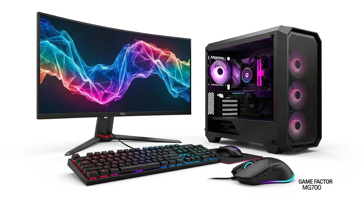 Una configuración de computadora para game iluminada con luces RGB, mostrando una pantalla gamer, torre, teclado y el ratón Game Factor MG700
