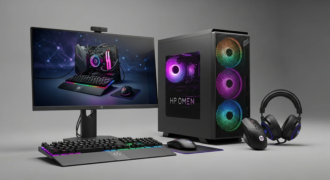 Una computadora de escritorio OMEN de HP con iluminación RGB junto a un monitor y periféricos gamer de la misma marca, mostrando un setup completo.