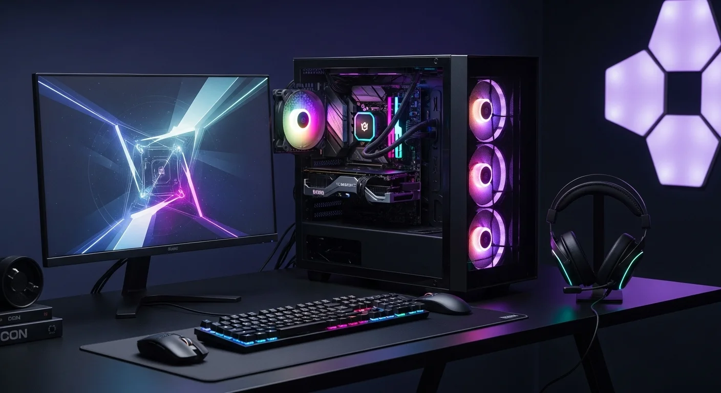 Una computadora gamer de alta gama con iluminación RGB, mostrando sus componentes internos como la GPU y el CPU, sobre un escritorio con periféricos.