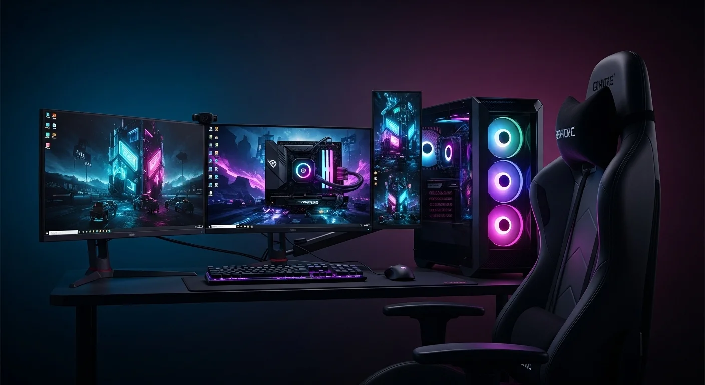 Estación de batalla completa con computadoras para gaming, múltiples monitores con luces RGB y una silla gamer profesional