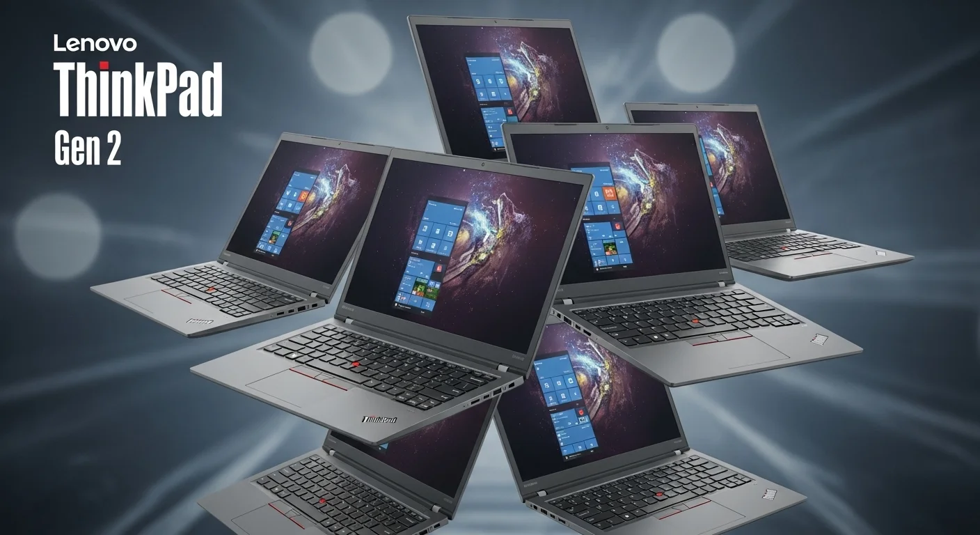 Serie de computadoras portátiles Gen 2 Lenov ThinkPad sobre un fondo tecnológico.
