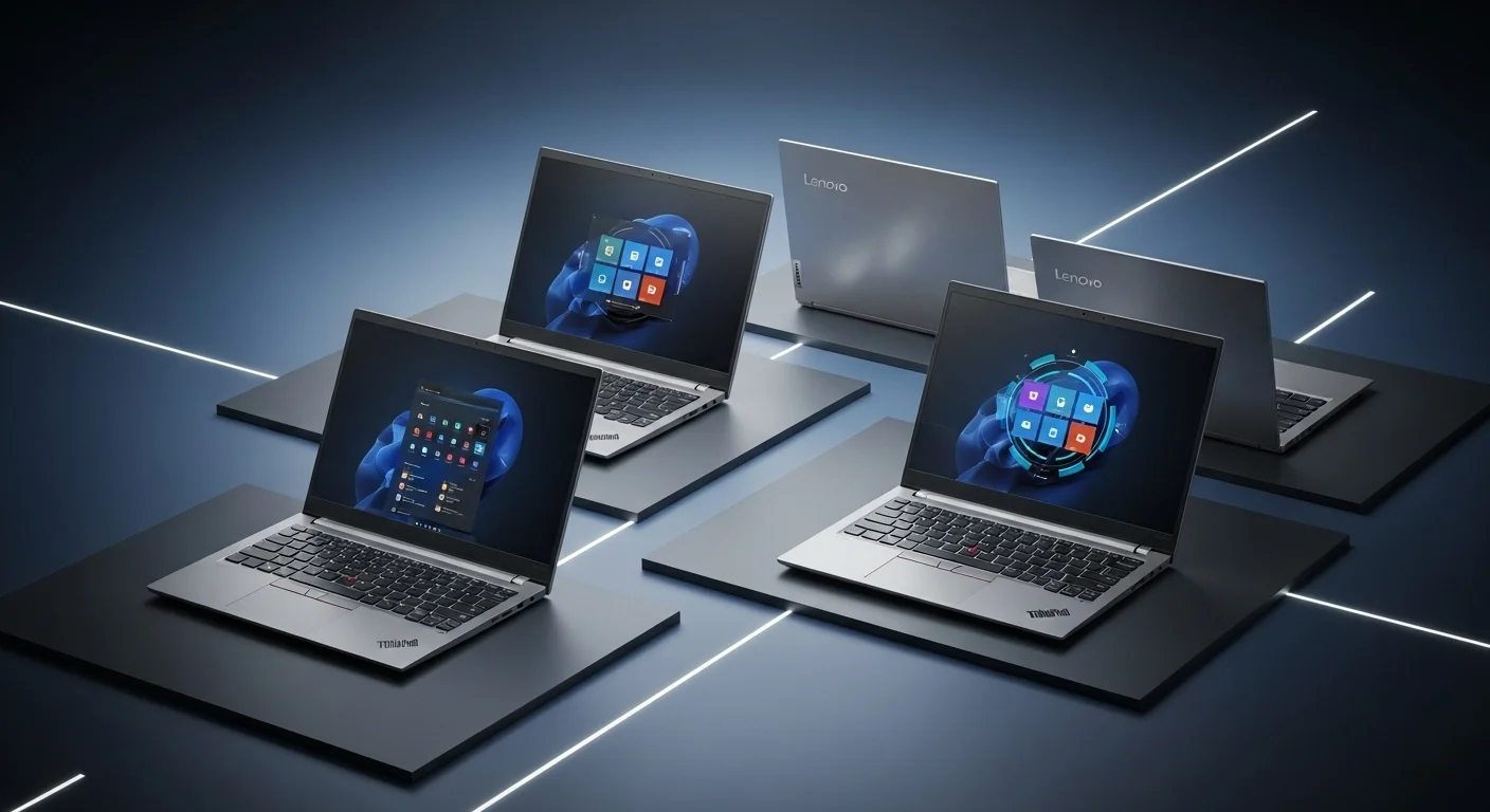 Una composición de varias computadoras portátiles Lenovo ThinkPad Gen 2 sobre un fondo tecnológico, destacando su diseño y modernidad.