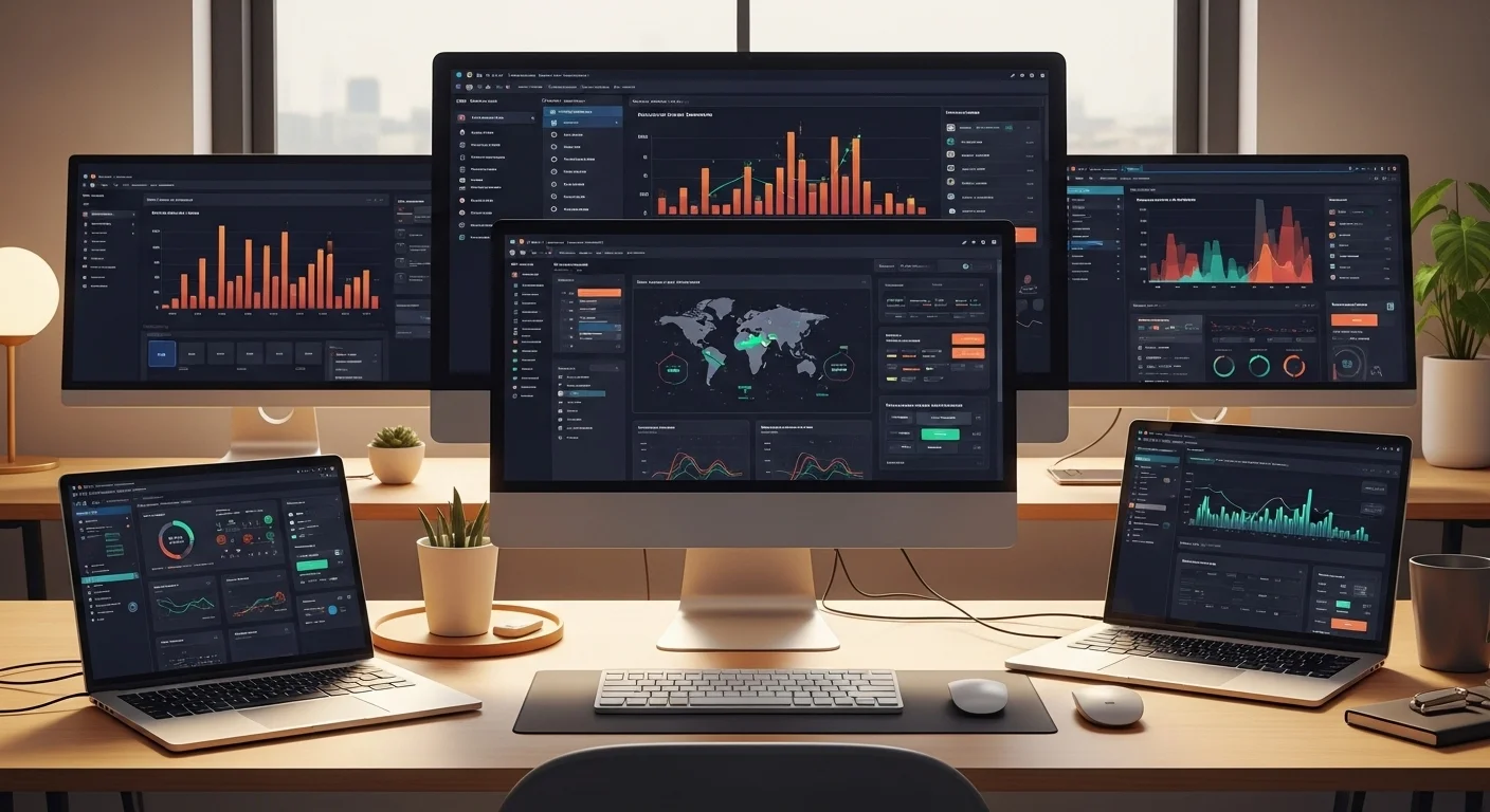 Una configuración de escritorio moderna con varias computadoras y laptops mostrando gráficos y datos, representando la tecnología y la computación.