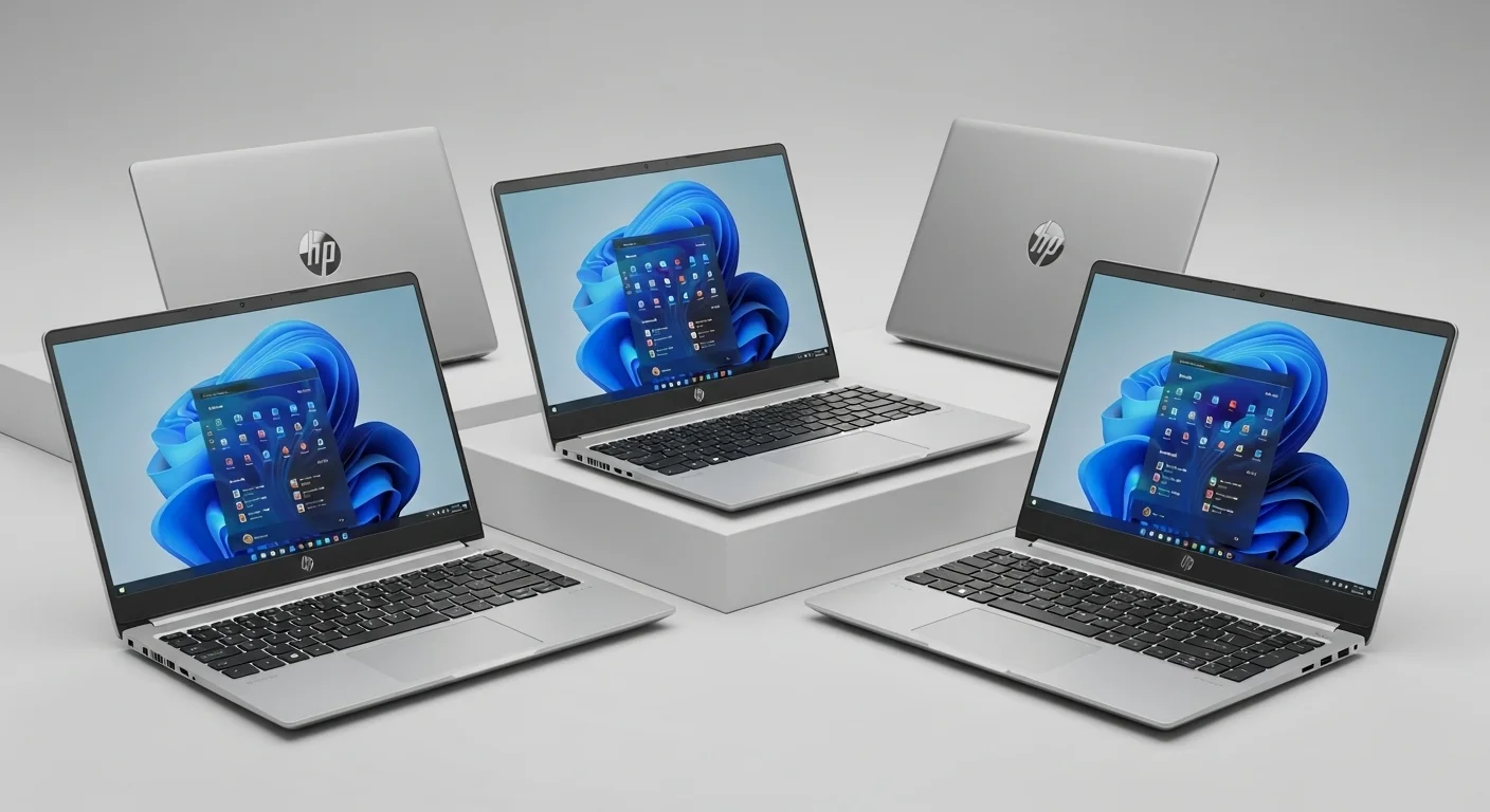 Una composición de varias computadoras laptops de la serie HP 15, mostrando sus diseños y pantallas.