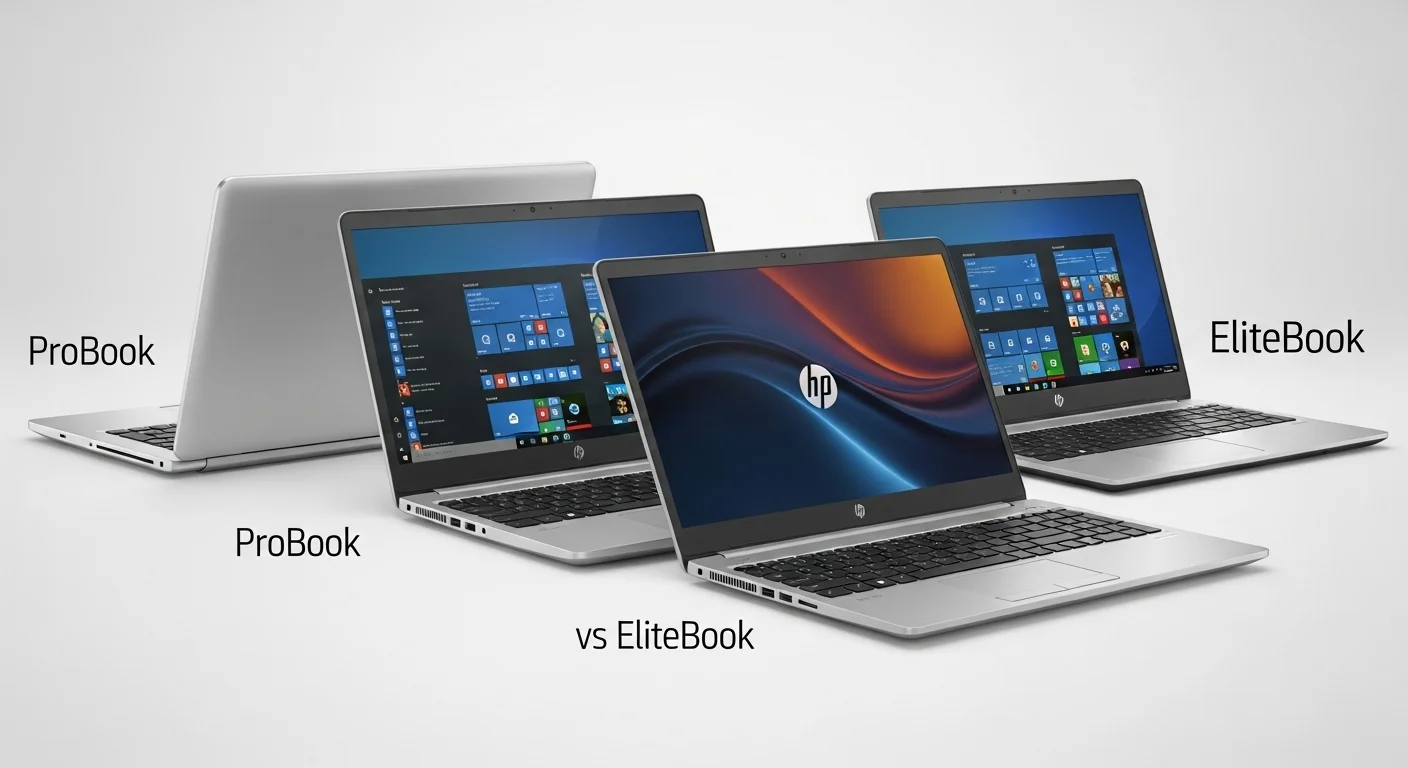 Una composición de varias computadoras portátiles de la serie HP 640, mostrando la evolución del diseño desde el ProBook al EliteBook.