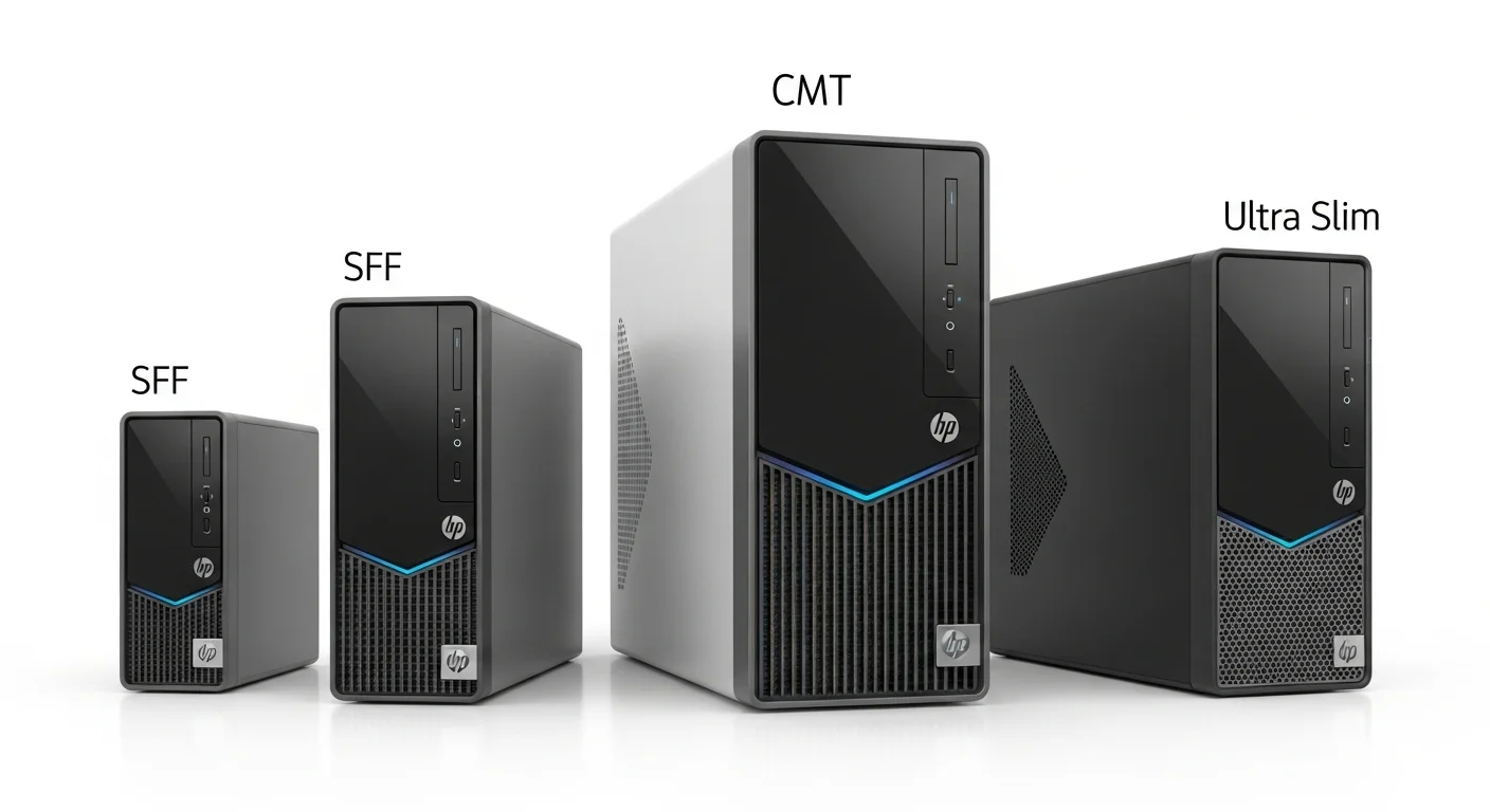 Una composición de las computadoras de la serie HP 8000 Elite, mostrando los modelos CMT, SFF y Ultra Slim para ilustrar sus diferentes tamaños.