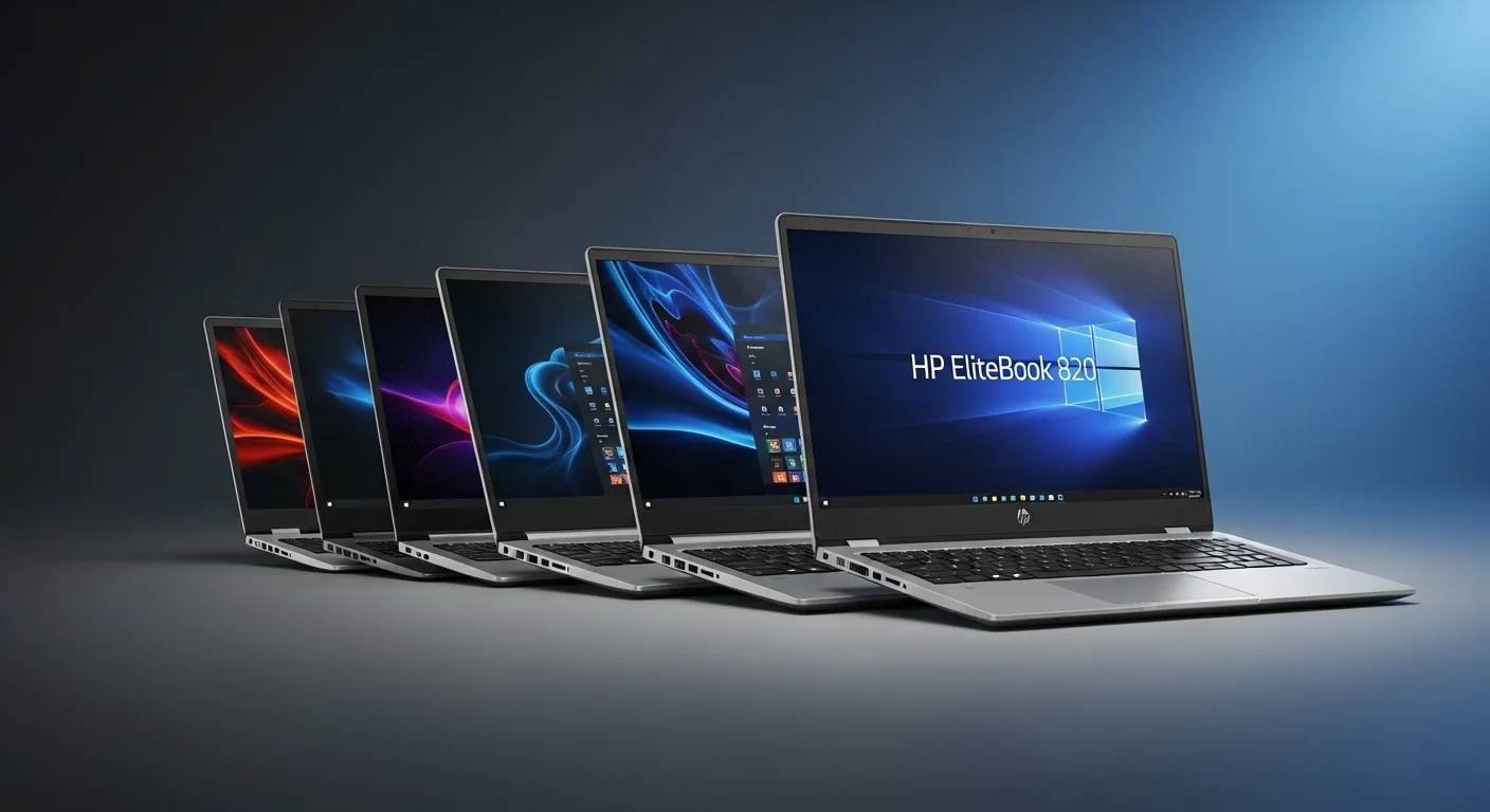 Una fila de computadoras portátiles de la serie HP EliteBook 820 mostrando su evolución de diseño y tecnología.