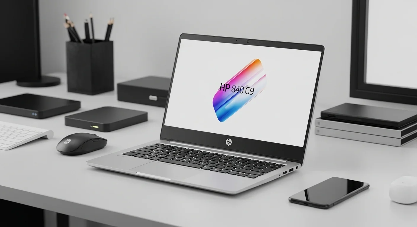 Una computadora portátil HP 840 G9 en un escritorio moderno, mostrando su diseño de aluminio y pantalla brillante. Al fondo, se aprecian accesorios de oficina y tecnología.