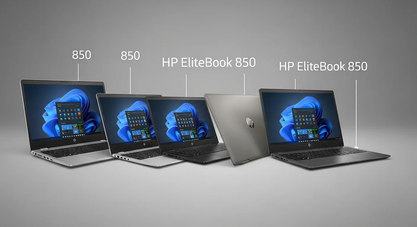 Una composición de varias computadoras portátiles de la serie HP EliteBook 850, mostrando la evolución del diseño a lo largo de las generaciones.