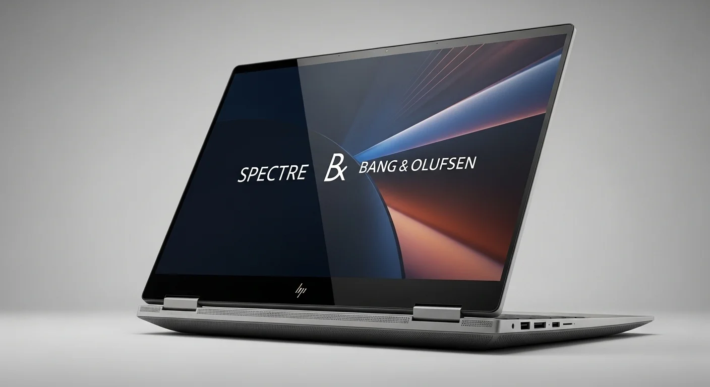 Una laptop HP Spectre con el logo de Bang & Olufsen visible, destacando la colaboración en tecnología de audio para computadoras.