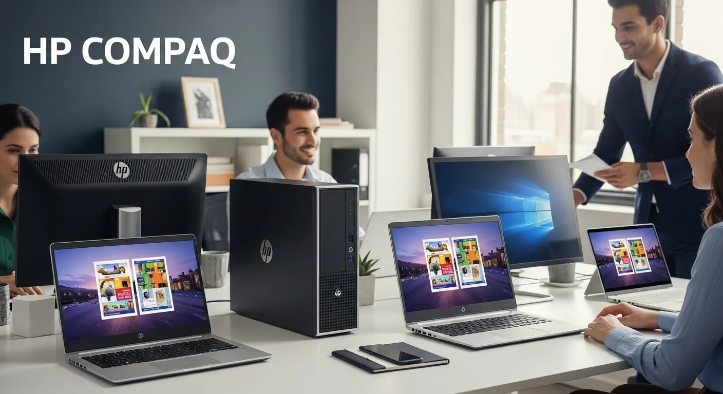 Entorno de oficina profesional con computadoras y monitores de la línea Hp Compaq, demostrando un ambiente de trabajo productivo y tecnológico.