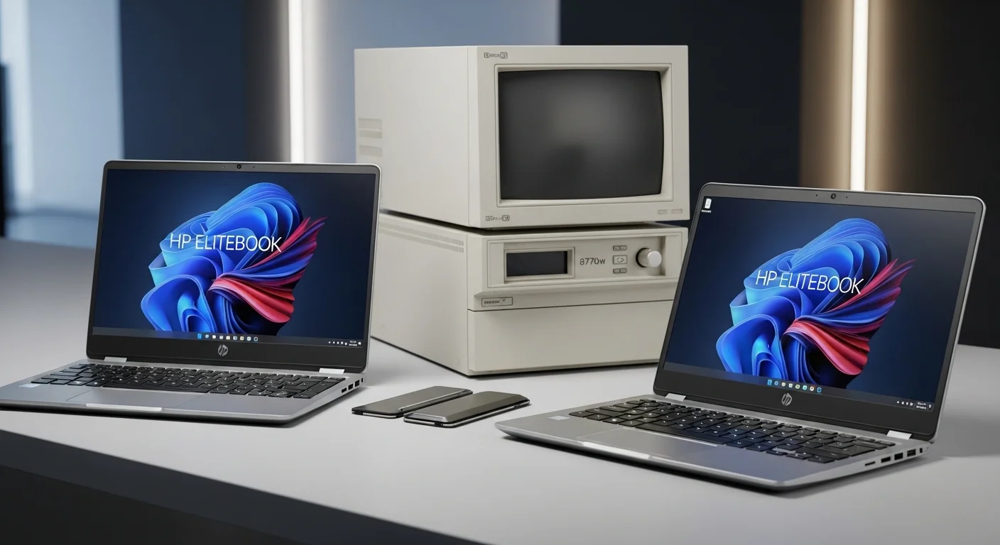 Una composición de computadoras HP Elitebook, mostrando un modelo moderno como el 650 G9 junto a una estación de trabajo clásica como la 8770w, representando la evolución de la tecnología.