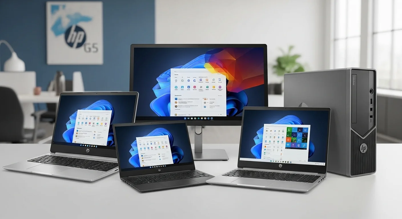 Varias computadoras de la serie G5 de HP, incluyendo laptops EliteBook y ProBook y un desktop ProDesk, en un entorno de oficina profesional.