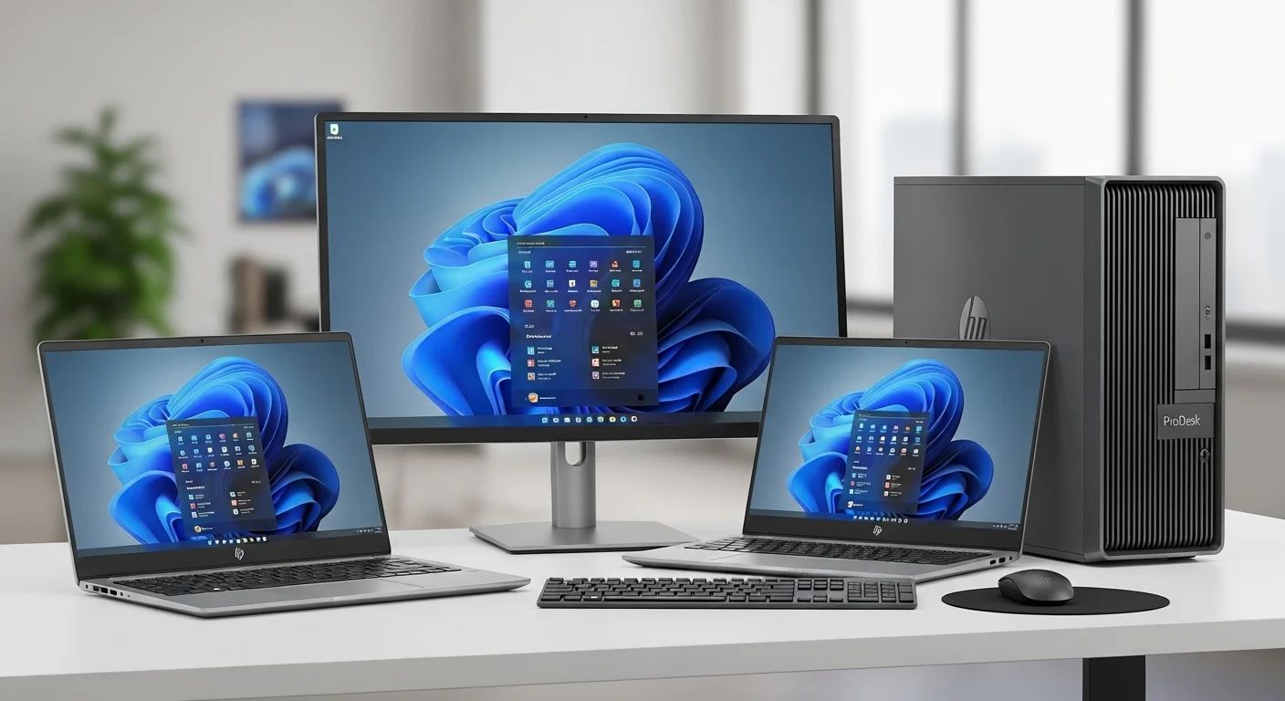 Una composición de varias computadoras de la serie Hp G6, incluyendo un portátil ProBook y un sobremesa ProDesk, en un entorno de oficina moderno.