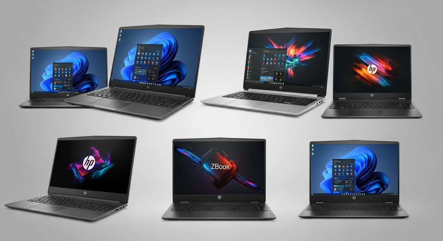 Una selección de computadoras portátiles de la serie Hp G7, incluyendo el ProBook y el ZBook, mostrando su diseño profesional y tecnológico.