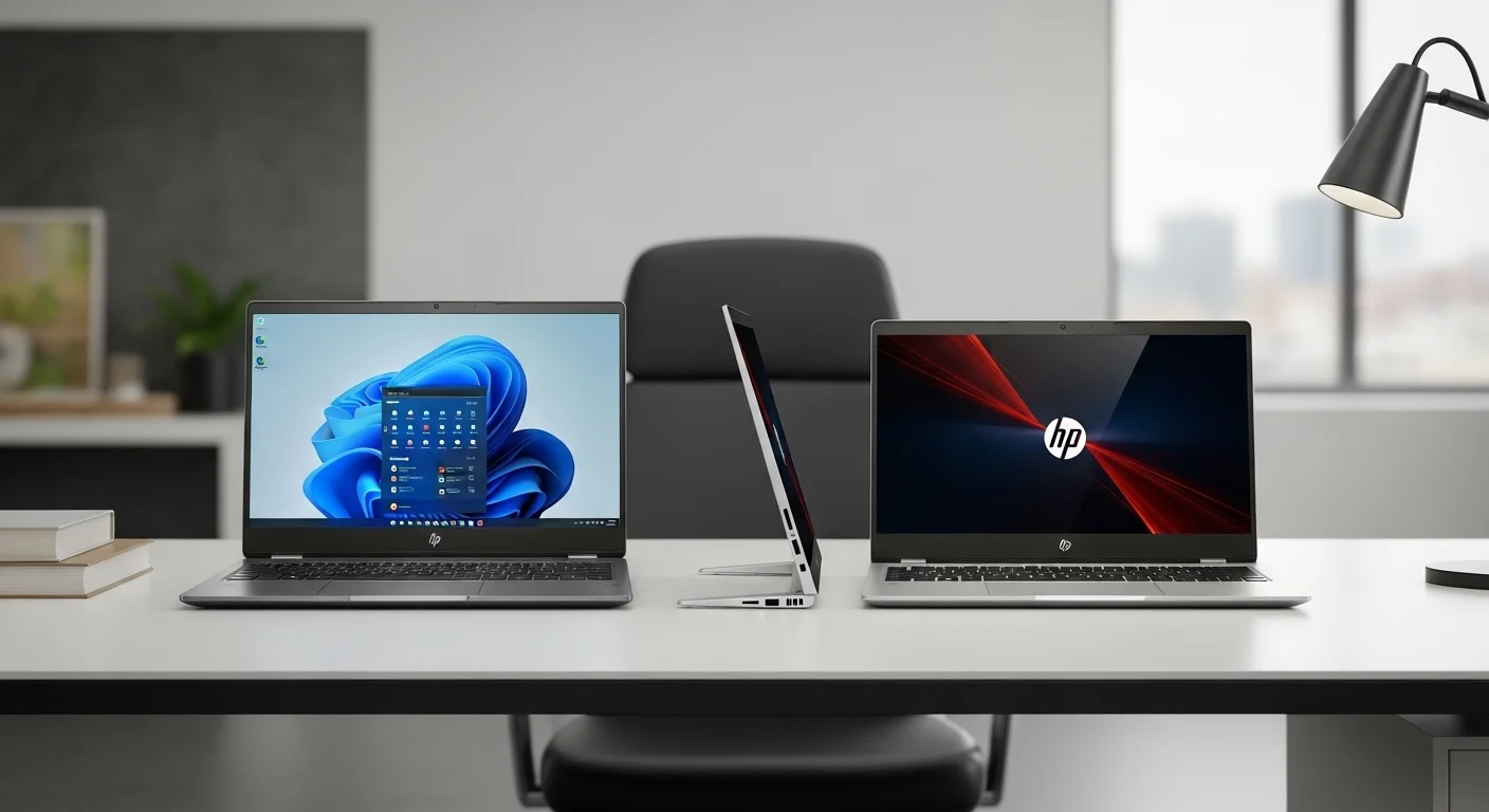 Una selección de computadoras portátiles de la serie HP G8, mostrando un ProBook y un ZBook lado a lado sobre un escritorio moderno de oficina.