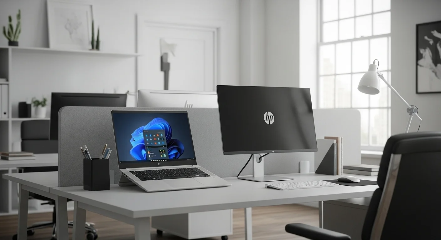 Una oficina moderna equipada con computadoras Hp I3, mostrando un laptop Hp ProBook y un monitor externo, con un diseño limpio y profesional.