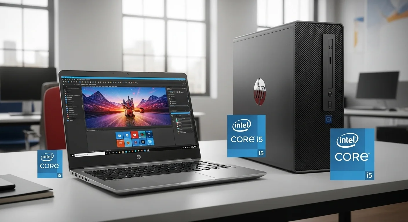 Una laptop HP Pavilion y un desktop HP ProDesk, ambos con logos de Intel Core i5, mostrando versatilidad y potencia en un entorno de oficina moderno.
