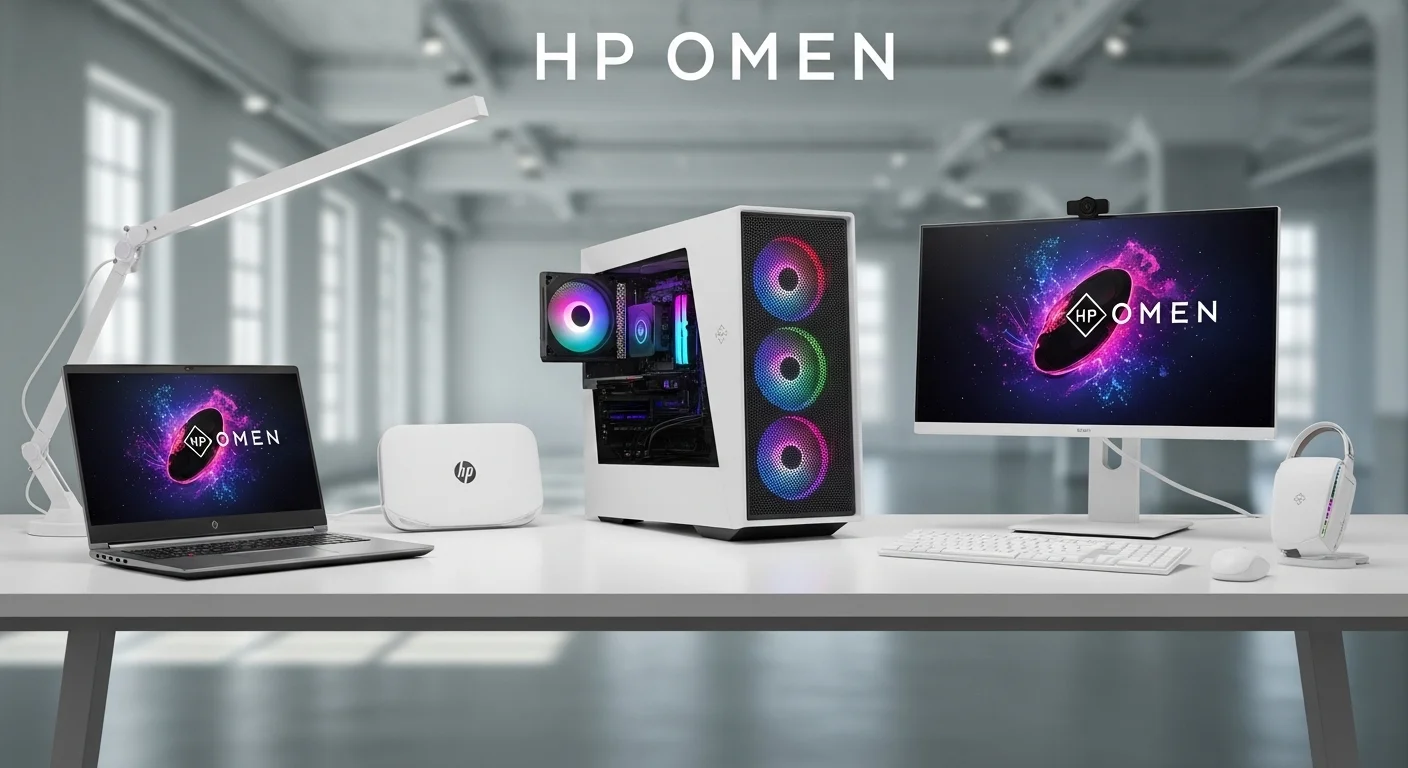 Ecosistema completo de computadoras y accesorios Hp Omen sobre un escritorio moderno, mostrando un laptop, un desktop y un monitor.