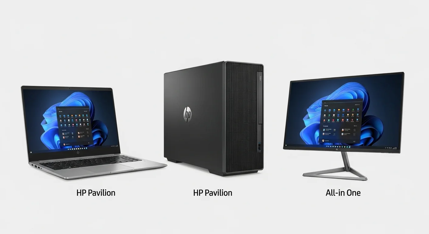 Una composición de varias computadoras HP Pavilion, mostrando un laptop, un desktop y un All-in-One para ilustrar la diversidad de la gama.