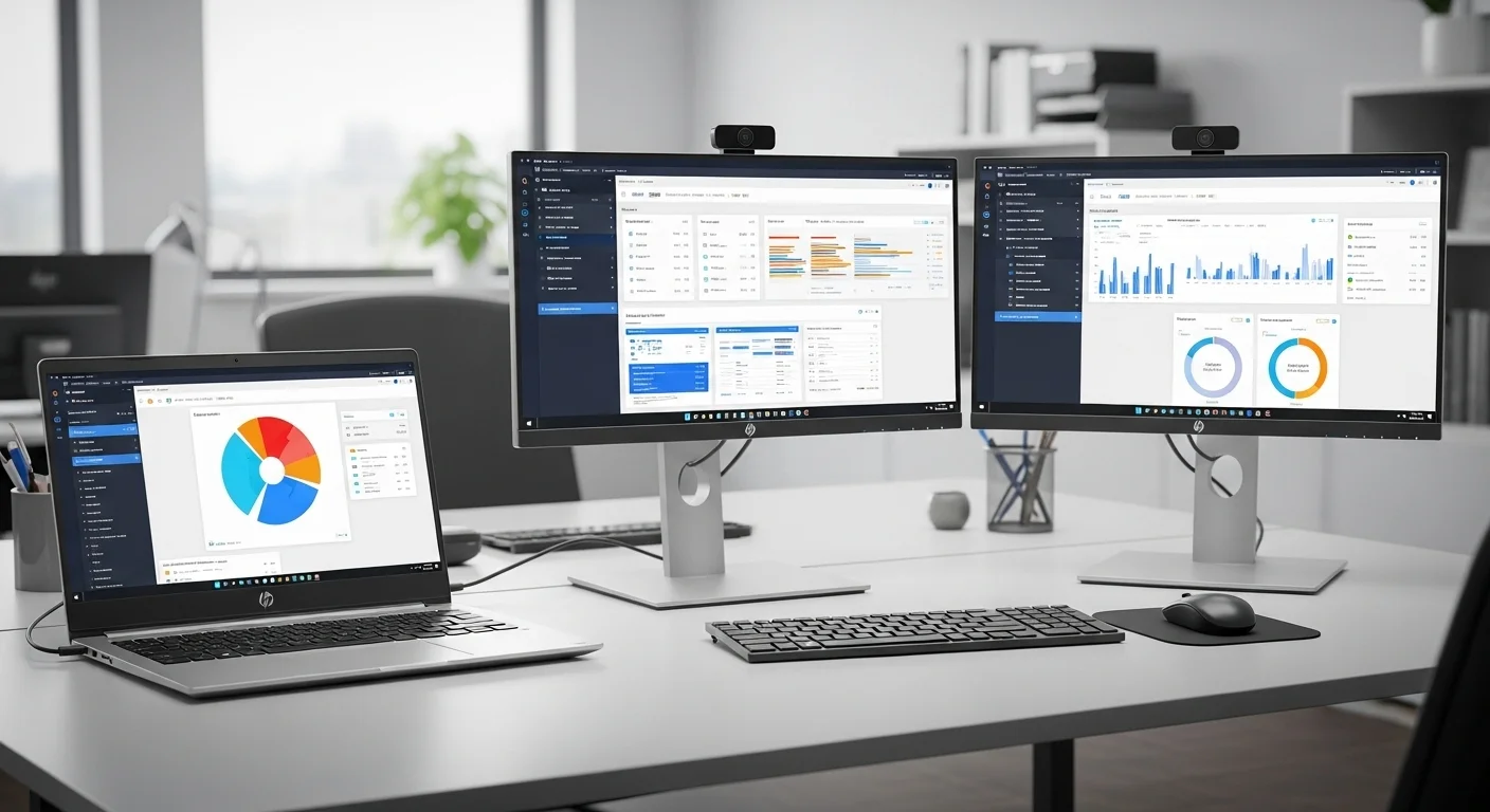 Una configuración de escritorio moderna con una laptop hp y dos monitores hp mostrando gráficos y datos, simbolizando la productividad con computadoras Hp.
