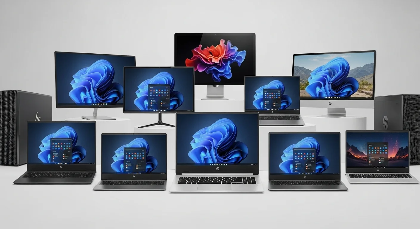 Varias computadoras y laptops HP en exhibición, mostrando la diversidad de modelos y precios.