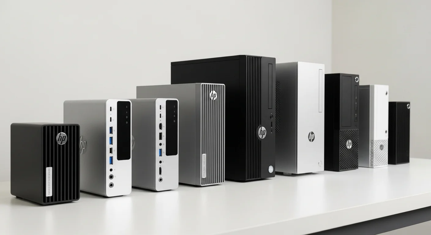 Serie de computadoras de escritorio y mini PC HP Pro 400 G9 en una fila mostrando diferentes tamaños y factores de forma.