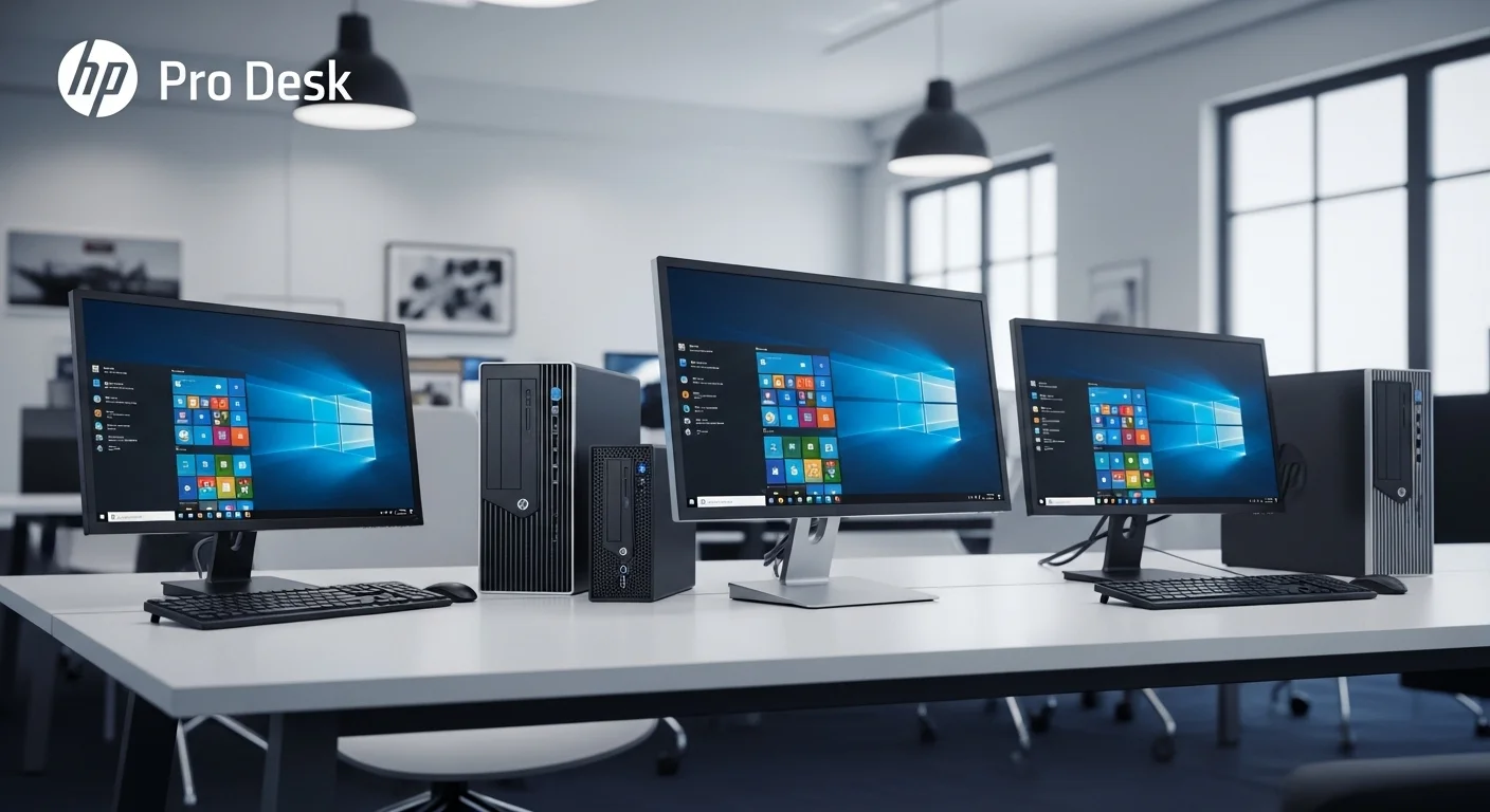 Varias computadoras de escritorio HP Pro Desk de diferentes tamaños, incluyendo SFF y Microtorre, en un entorno de oficina profesional.