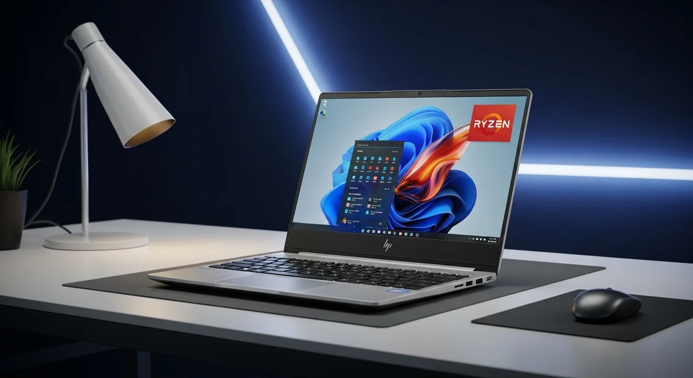 Una laptop HP Pavilion con procesador Ryzen sobre un escritorio moderno, mostrando su diseño elegante y pantalla brillante.