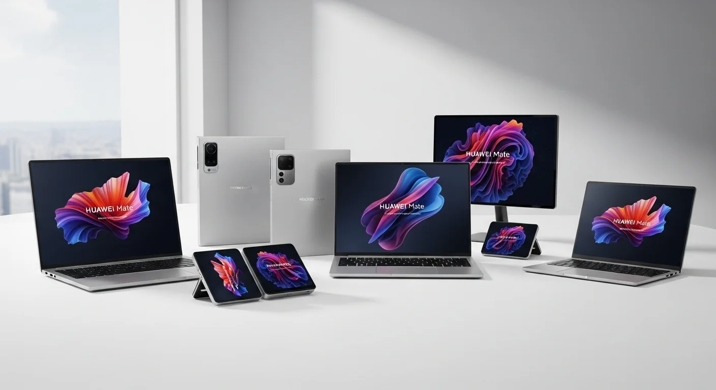 Una selección de computadoras y laptops de la serie Huawei Mate exhibidas sobre una superficie moderna, mostrando sus diseños elegantes y delgados.