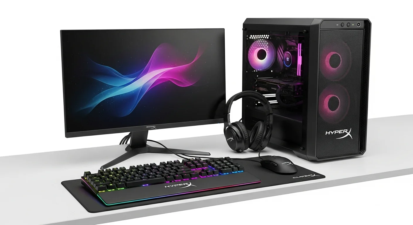 Setup de computadora moderna con periféricos HyperX iluminados, incluyendo un mouse, teclado y auriculares, sobre un escritorio de alta tecnología.