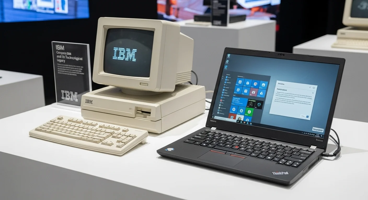 Una composición de computadoras IBM, mostrando un modelo vintage como el IBM PC junto a un moderno portátil IBM Lenovo ThinkPad.