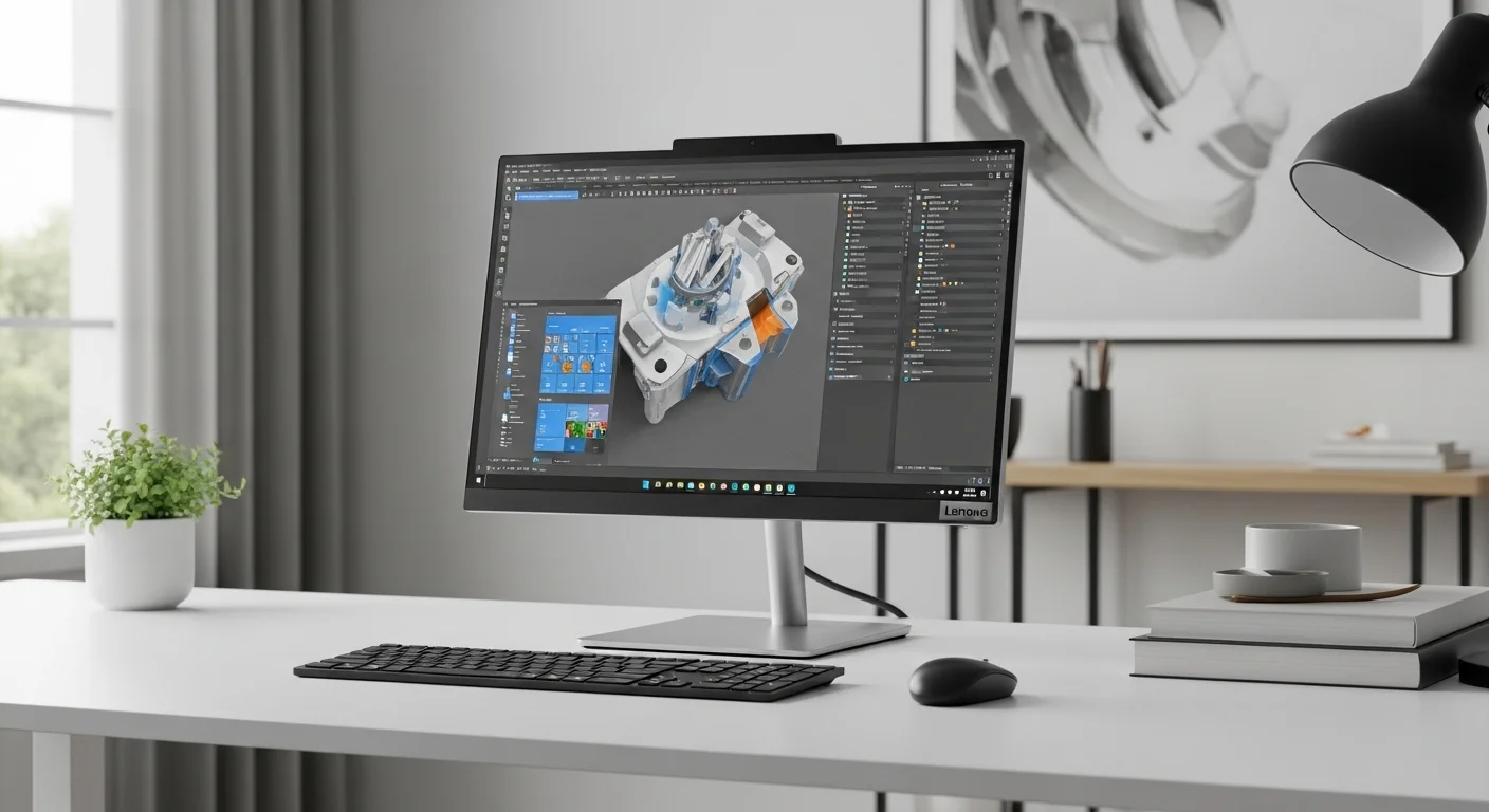 Una computadora Lenovo Ideacentre AIO 5 mostrada en un escritorio moderno y minimalista, destacando su diseño elegante y pantalla sin bordes.