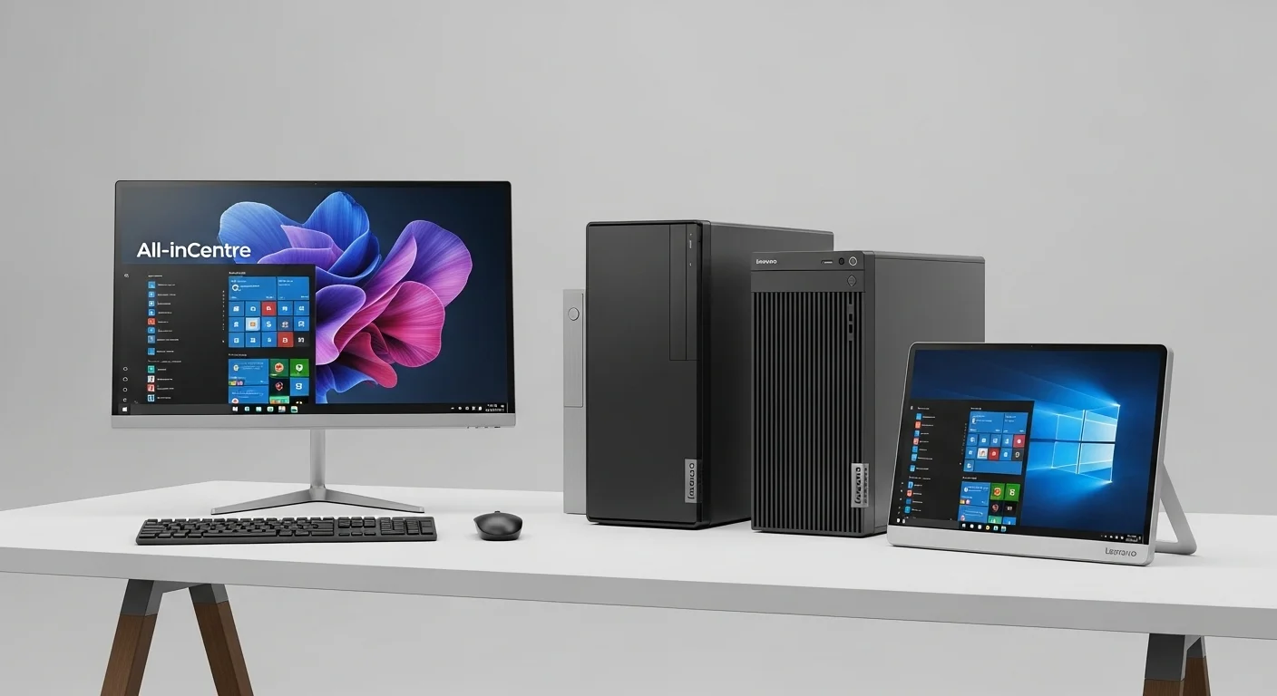 Variedad de computadoras Lenovo Ideacentre sobre un escritorio moderno, mostrando un All-in-One, una torre y un modelo compacto.