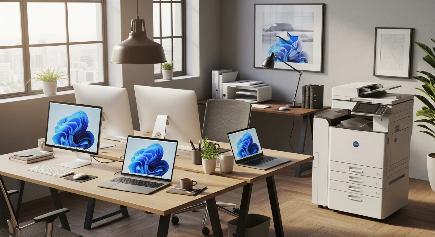 Una oficina moderna con computadoras, laptops y una impresora multifuncional, ilustrando la sinergia entre computadoras e impresión.