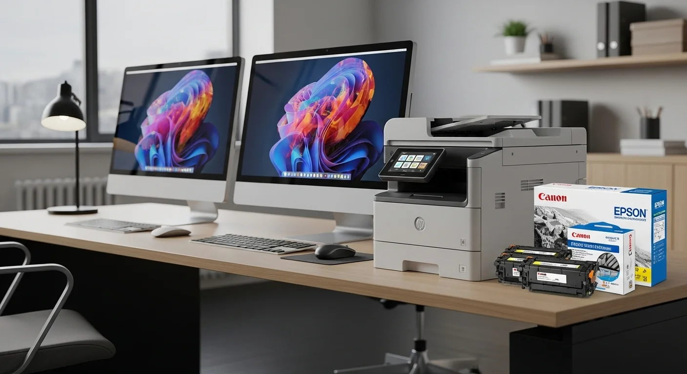Escritorio de oficina con computadoras modernas, una impresora multifunción y una selección de cartuchos de impresora Canon y Epson.