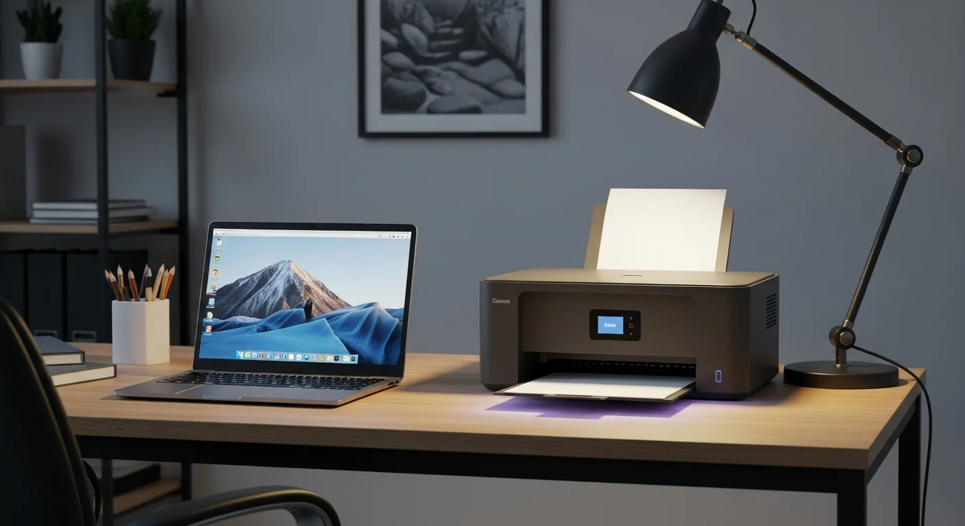 Escritorio de oficina con una computadora portátil al lado de una de las impresoras baratas y buenas del mercado.