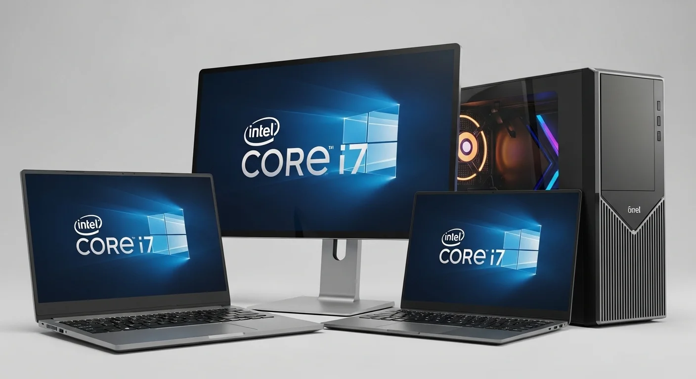Varias computadoras, incluyendo una laptop y una PC de escritorio, mostrando el logo de Intel Core i7.