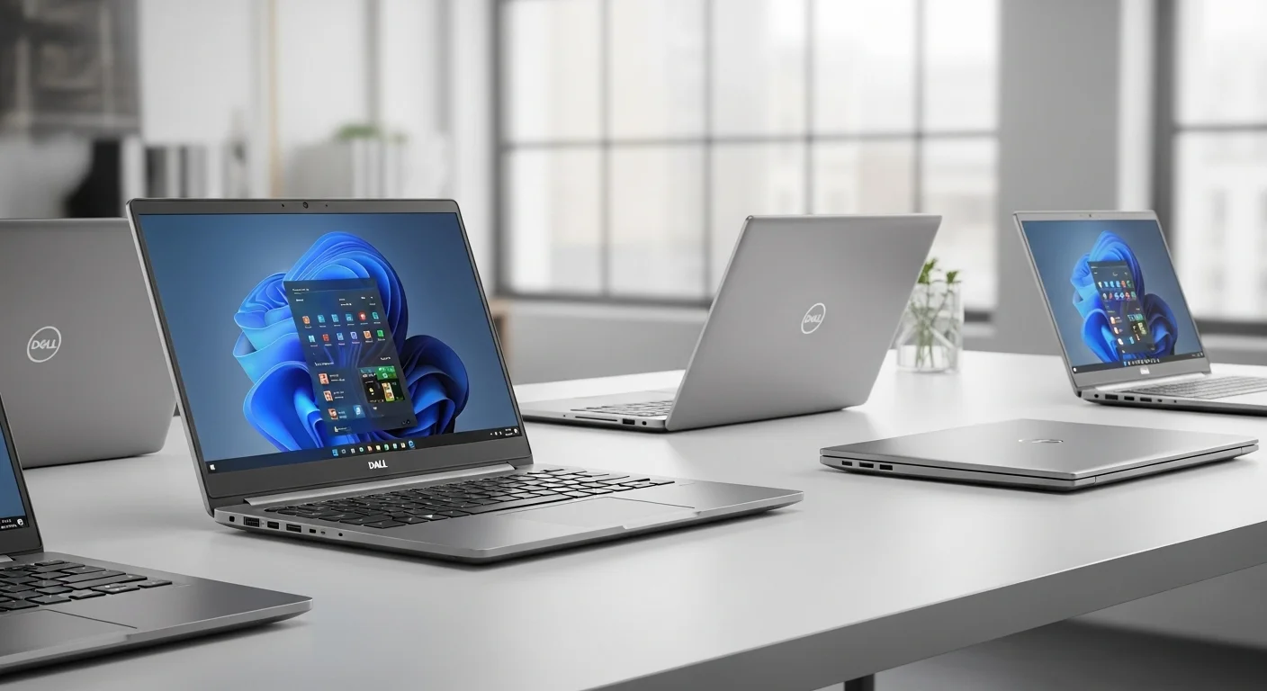 Varias computadoras Dell Latitude en un entorno de oficina moderno, mostrando su diseño profesional y versatilidad.