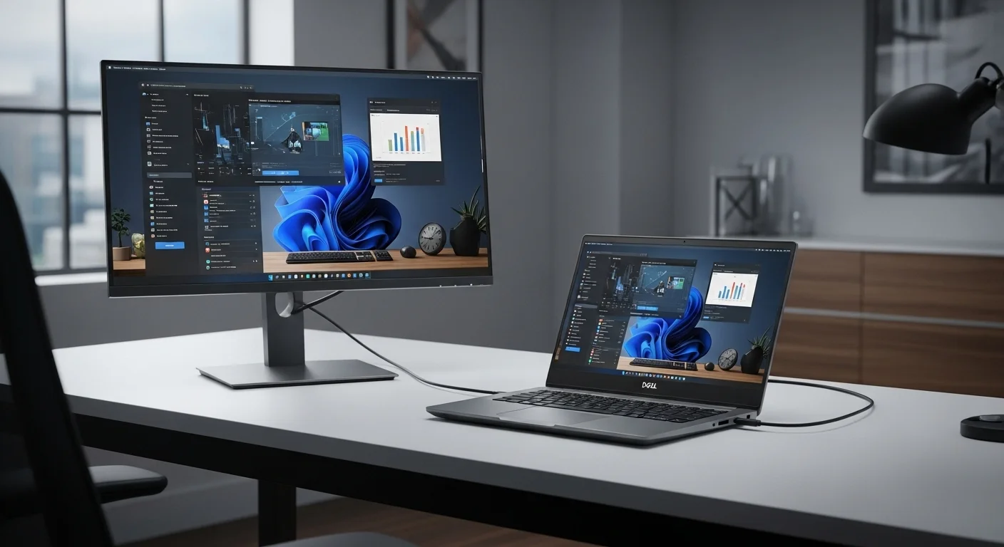 Una computadora portátil Dell Latitude i7 sobre un escritorio de oficina moderno, conectada a un monitor externo, mostrando un entorno de trabajo profesional y tecnológico.