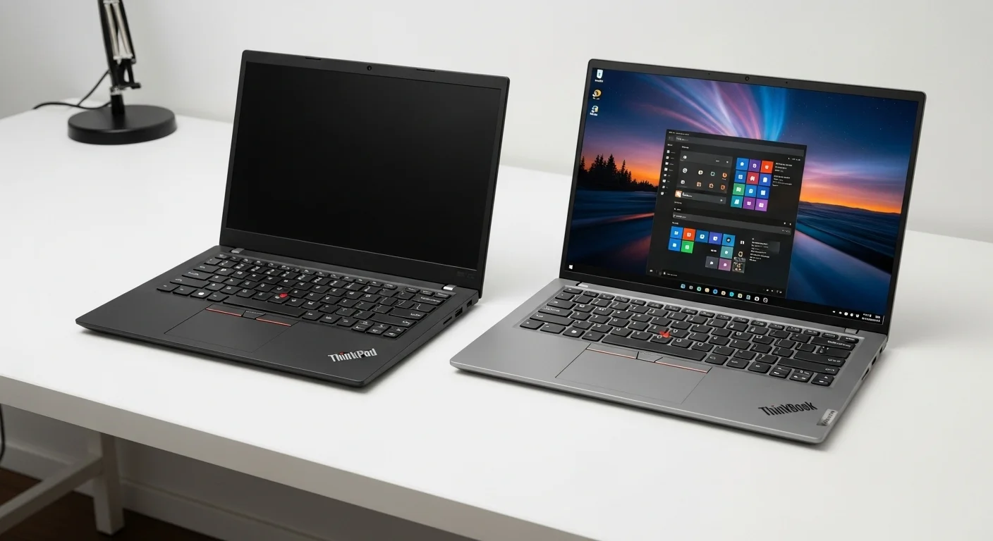 Comparativa de computadoras portátiles Lenovo 14: un ThinkPad negro clásico junto a un ThinkBook gris moderno sobre un escritorio.