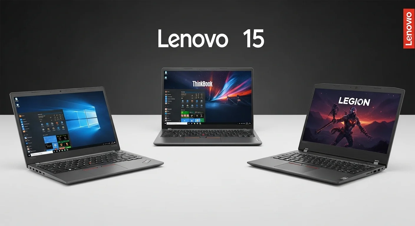 Una selección de computadoras Lenovo 15, incluyendo un ThinkPad, un ThinkBook y un Legion, mostrando la diversidad de diseño y tecnología.